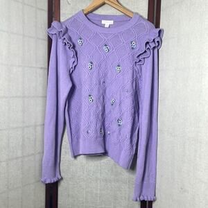 CHARTER CLUB LAVENDER FIELD RUFFLE TRIM FLORAL EMBROIDERY DETAIL SWEATER SZ XL P